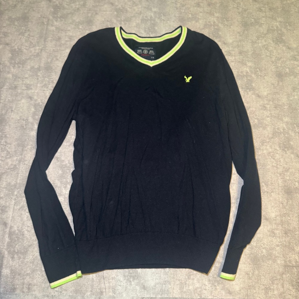 American Eagle Mens Navy Blue Neon Green V-Neck Athletic Fit Sweater Large